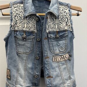 Harley-Davidson Denim Sugar Skull Vest with Lace Accents